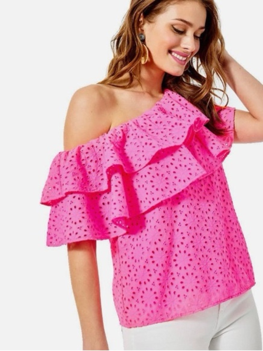 Lilly Pulitzer Hot Pink One-Shoulder Eyelet Ruffle Top Sz Small